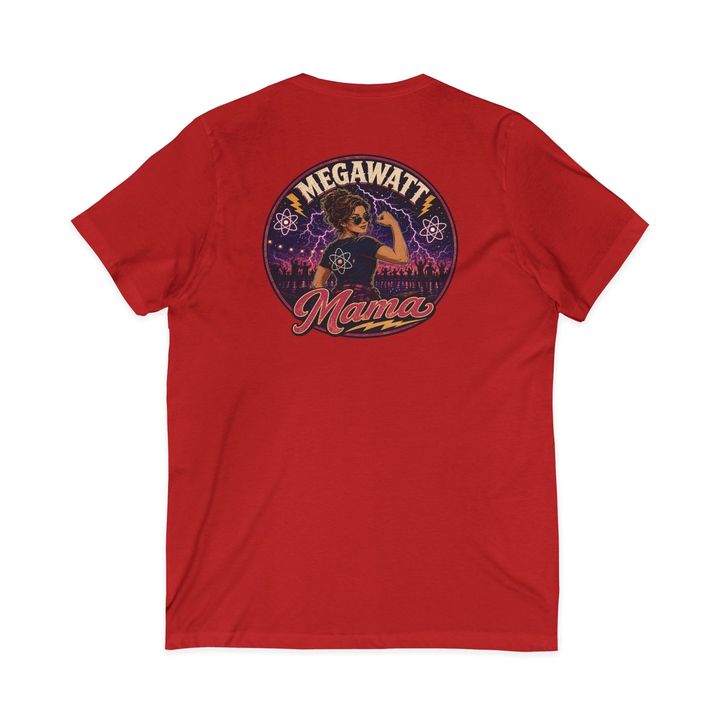 Megawatt Mama V-Neck Tee — Retro Electric Mom Graphic T-Shirt