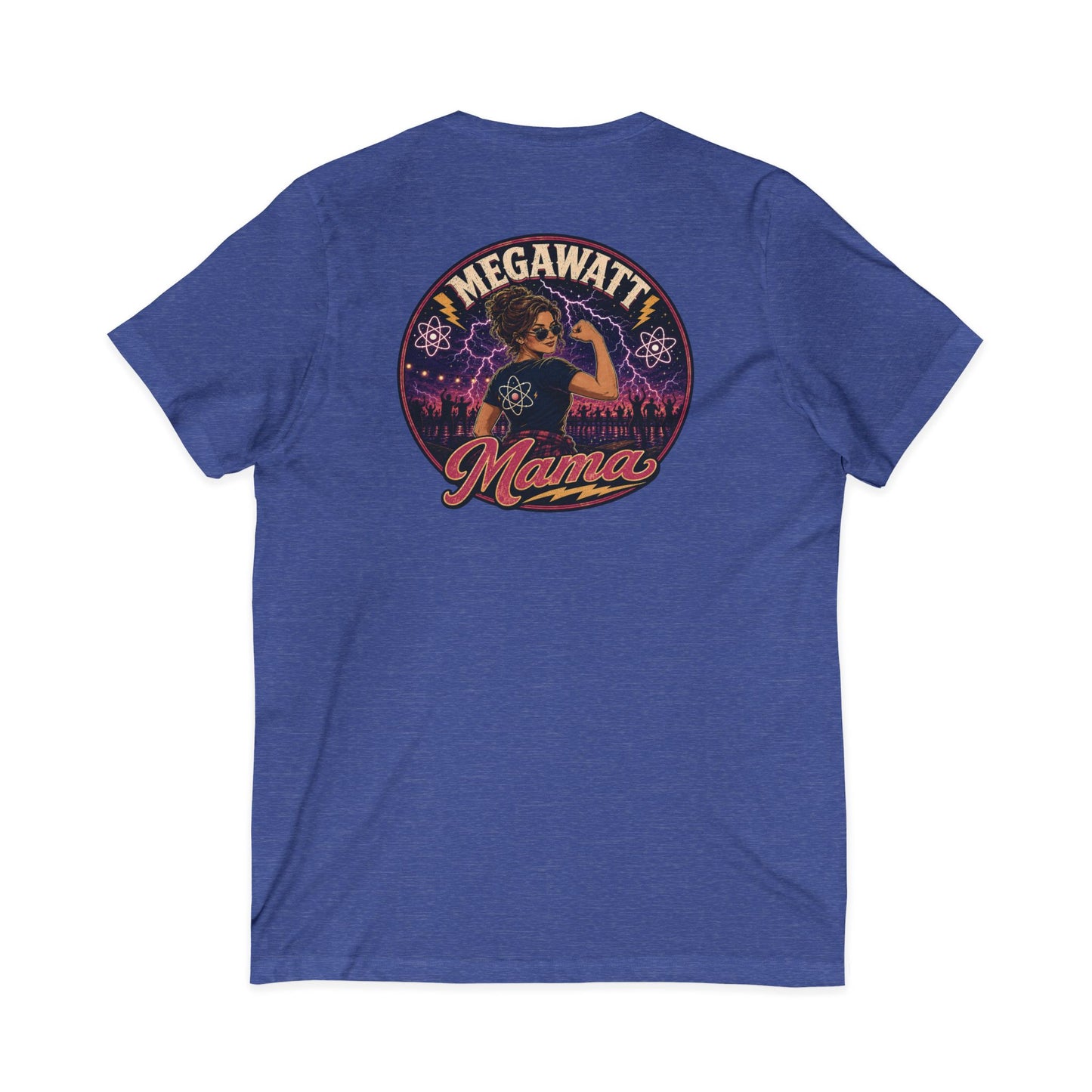 Megawatt Mama V-Neck Tee — Retro Electric Mom Graphic T-Shirt