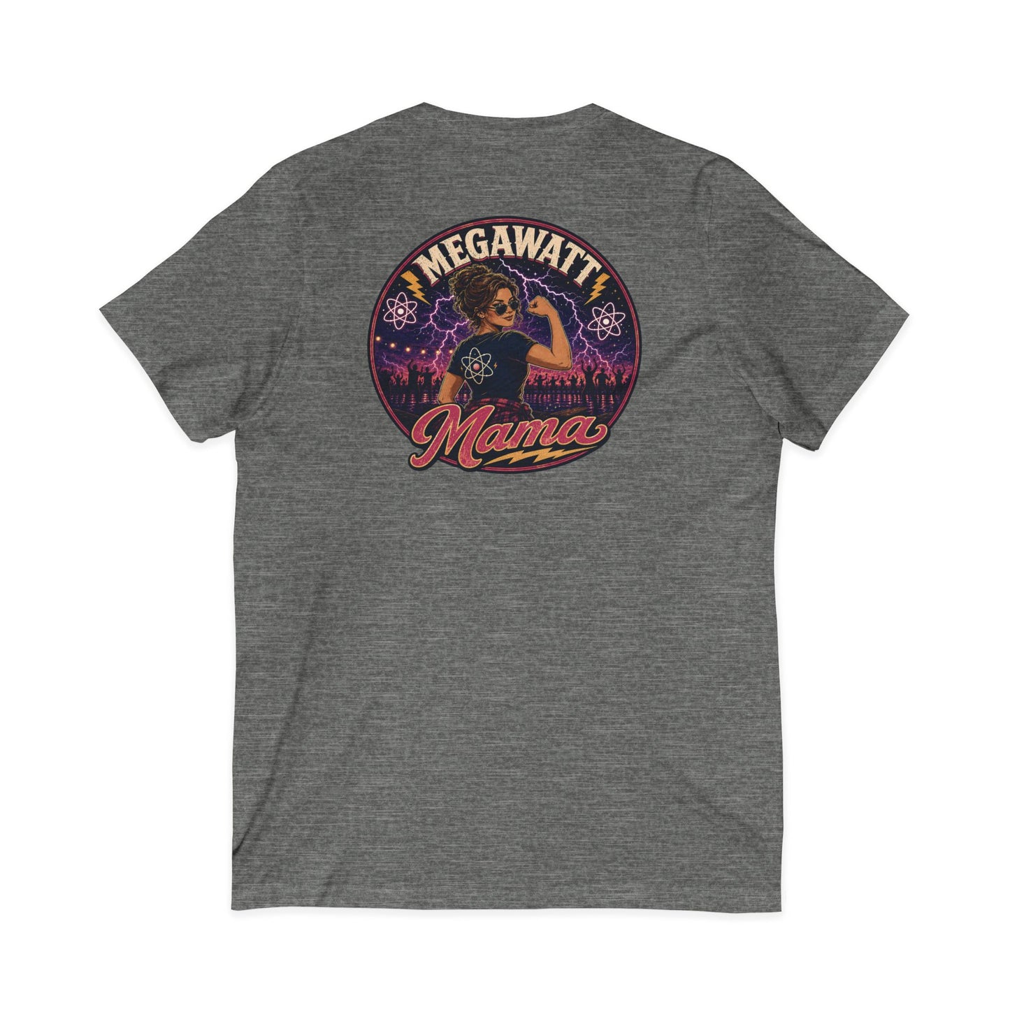 Megawatt Mama V-Neck Tee — Retro Electric Mom Graphic T-Shirt
