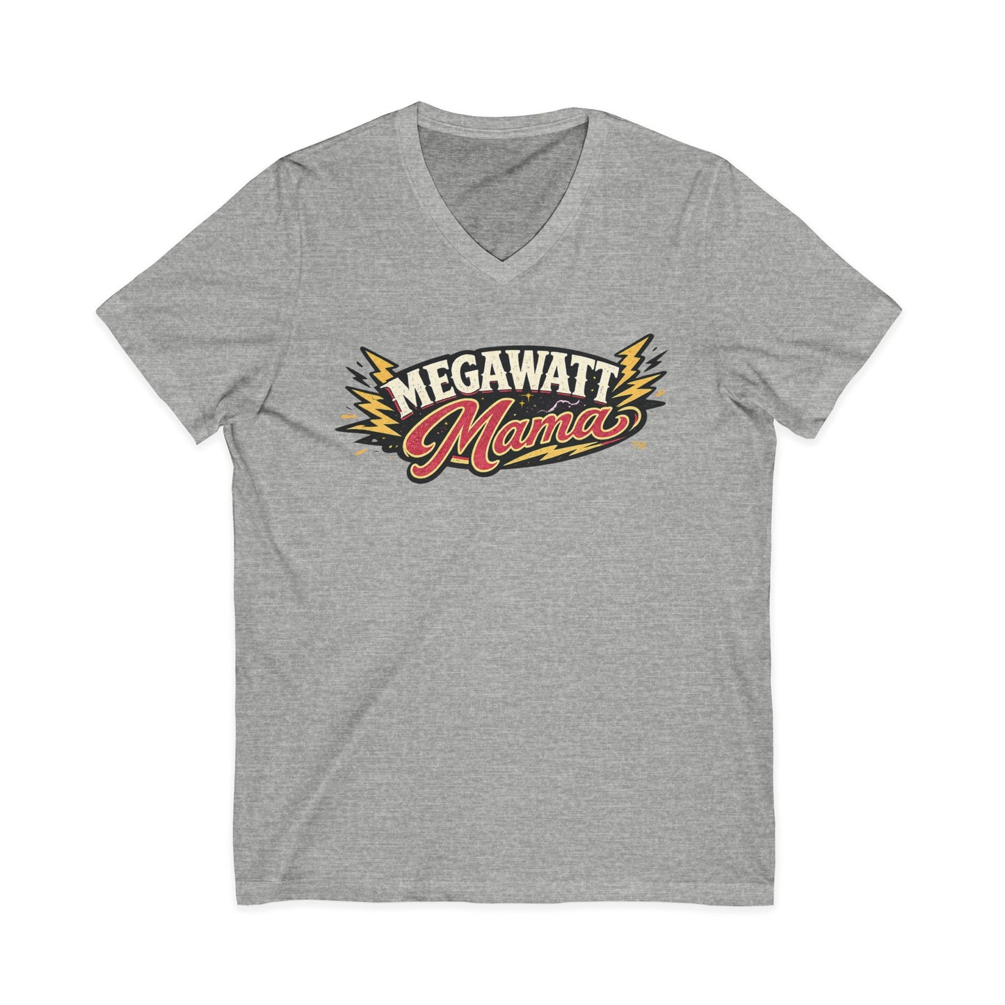 Megawatt Mama V-Neck Tee — Retro Electric Mom Graphic T-Shirt