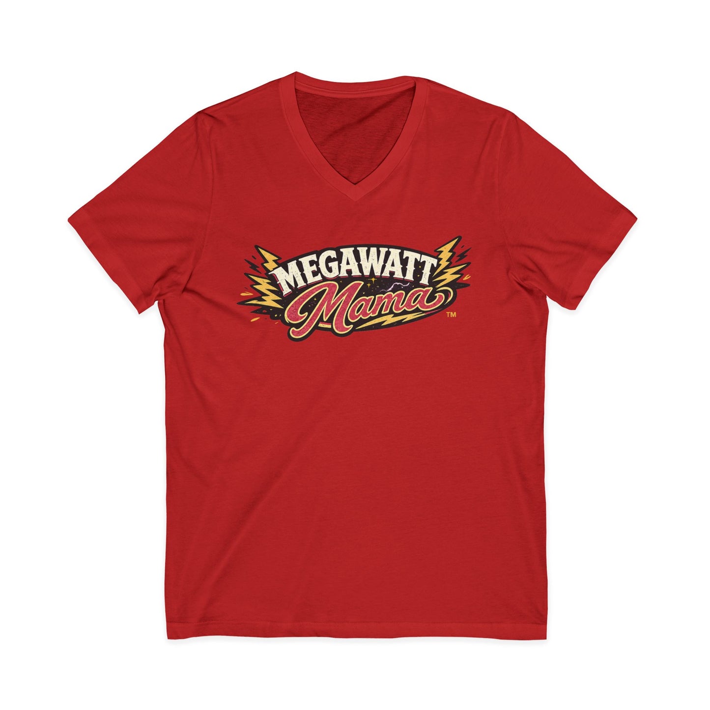 Megawatt Mama V-Neck Tee — Retro Electric Mom Graphic T-Shirt