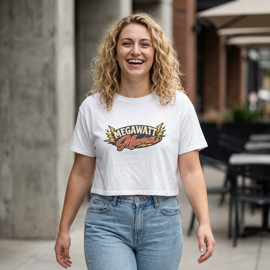 Crop Tee — "Megawatt Mama" Retro Lightning Graphic