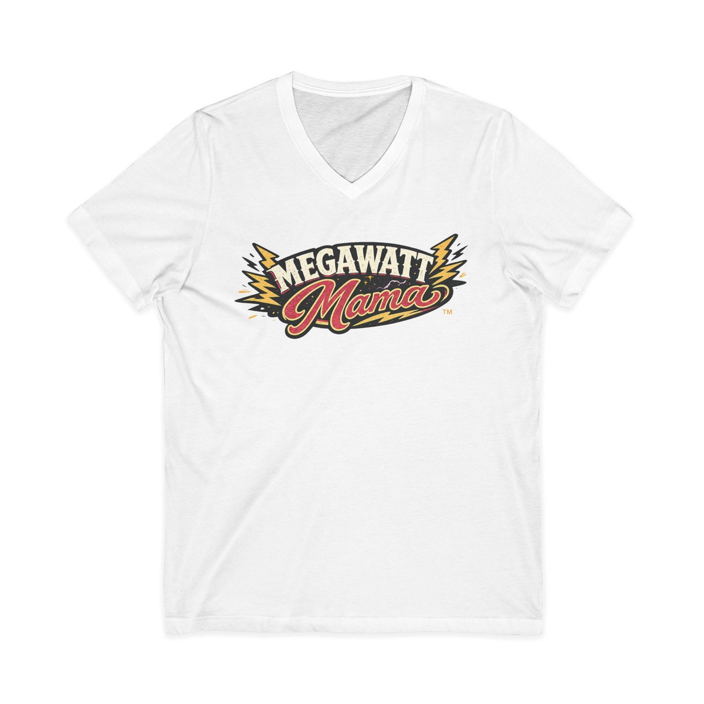 Megawatt Mama V-Neck Tee — Retro Electric Mom Graphic T-Shirt
