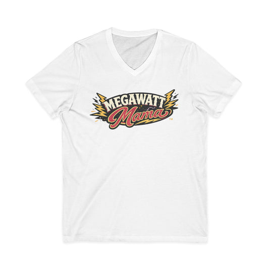 Megawatt Mama V-Neck Tee — Retro Electric Mom Graphic T-Shirt