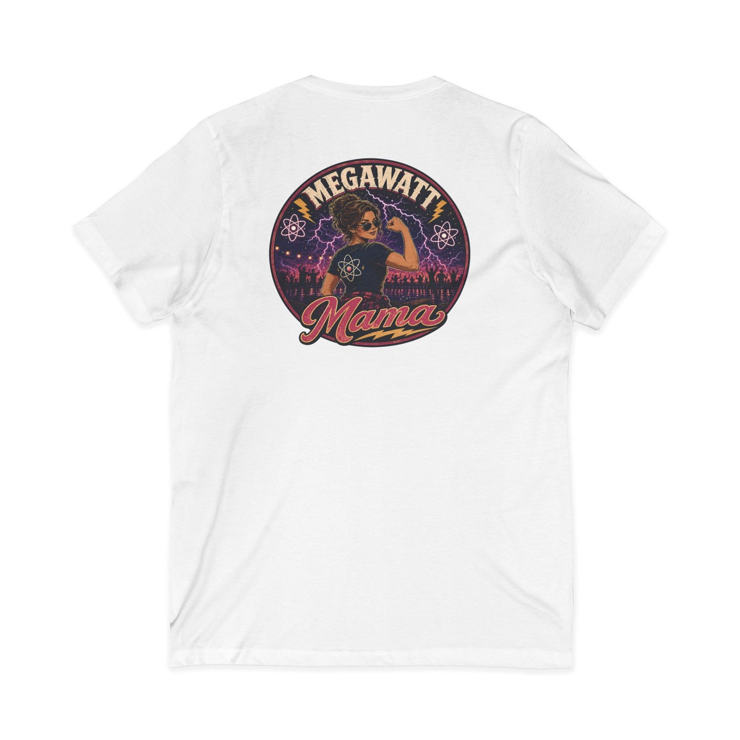 Megawatt Mama V-Neck Tee — Retro Electric Mom Graphic T-Shirt