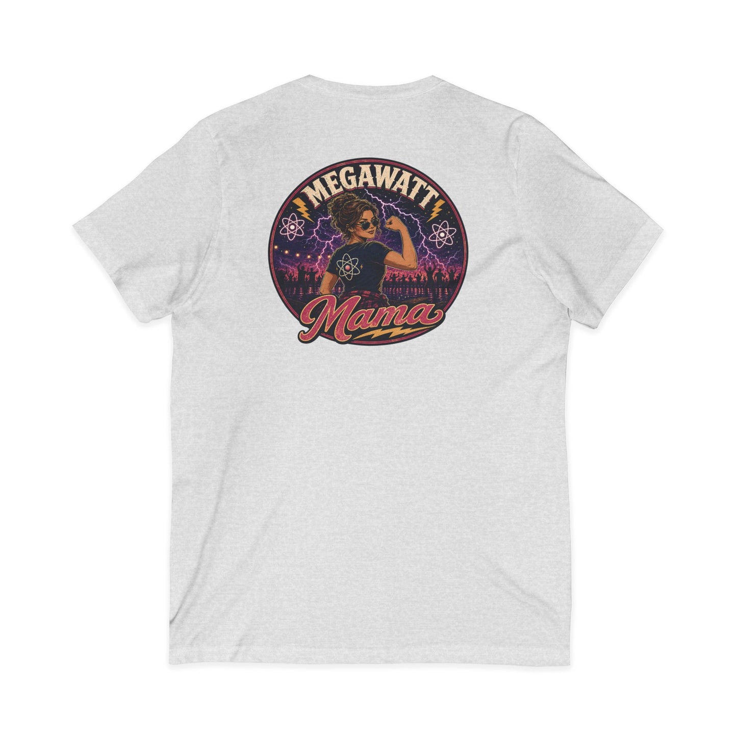 Megawatt Mama V-Neck Tee — Retro Electric Mom Graphic T-Shirt