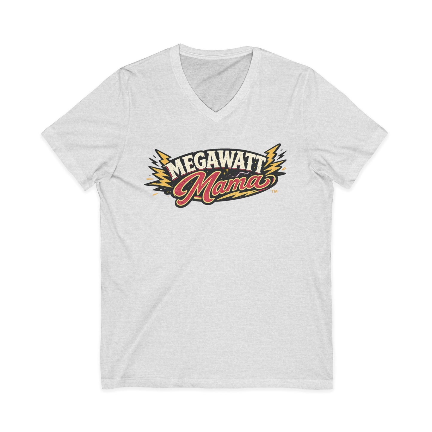 Megawatt Mama V-Neck Tee — Retro Electric Mom Graphic T-Shirt