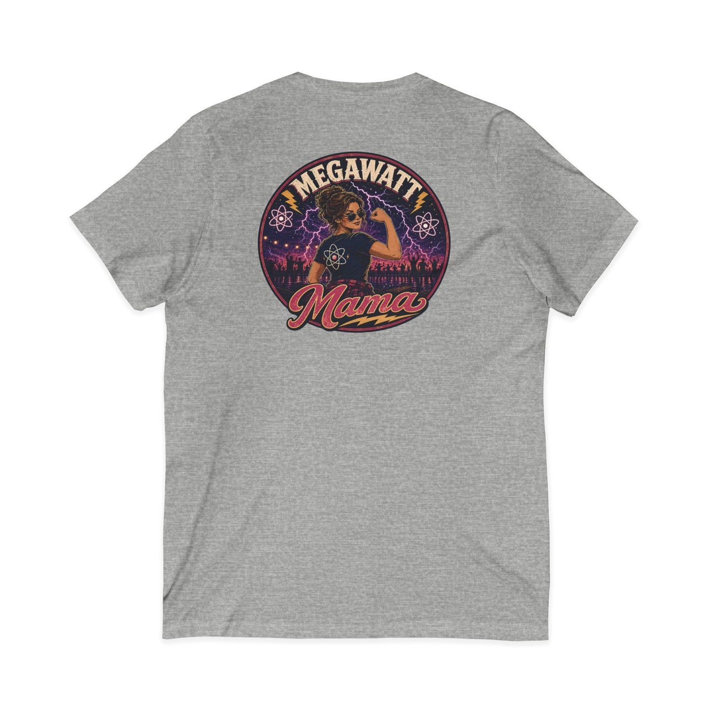 Megawatt Mama V-Neck Tee — Retro Electric Mom Graphic T-Shirt